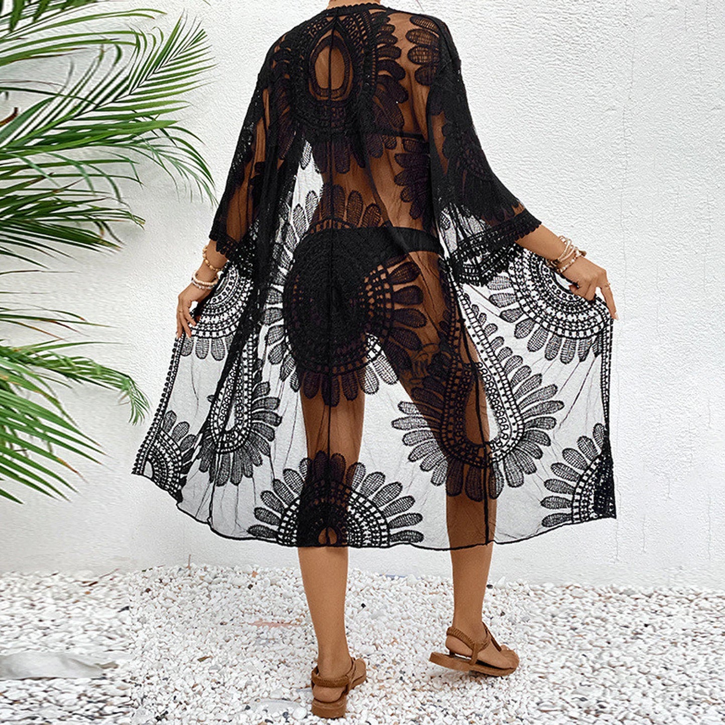 Soléa Lace Beach Kimono – Sheer Floral Cover-Up Elegance