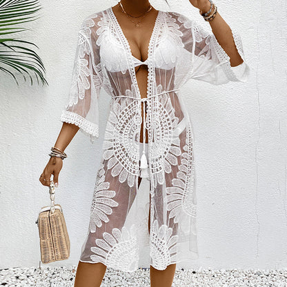 Soléa Lace Beach Kimono – Sheer Floral Cover-Up Elegance